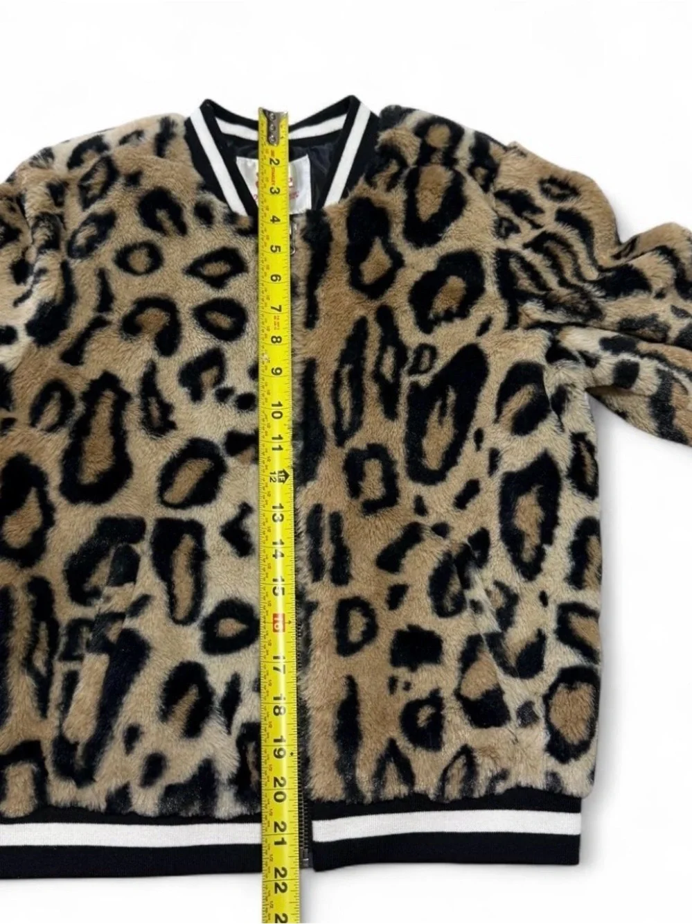 Justice Girls Size 12 Faux Fur Animal Print Zip Bomber Jacket Black Trim